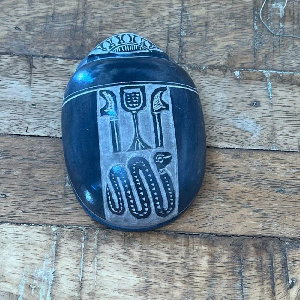 Hand Carved Black Stone Egyptian Scarab Beetle Amulet White Hieroglyphics